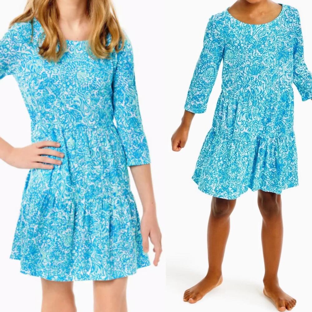 Lilly Pulitzer Geanna Mini Dress Cotton Tiered Took Me By Sunrise Blue Girls XL